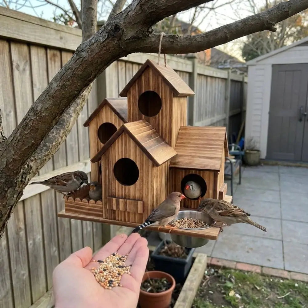 A hand holds a handcrafted wooden bird house feeder with multiple entrances, set against a wooden fence.