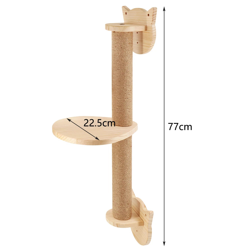 A wooden wall-mounted cat climbing tower with a cylindrical post and flat platforms.