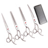 A set of professional stainless steel pet grooming scissors and a leather sheath.