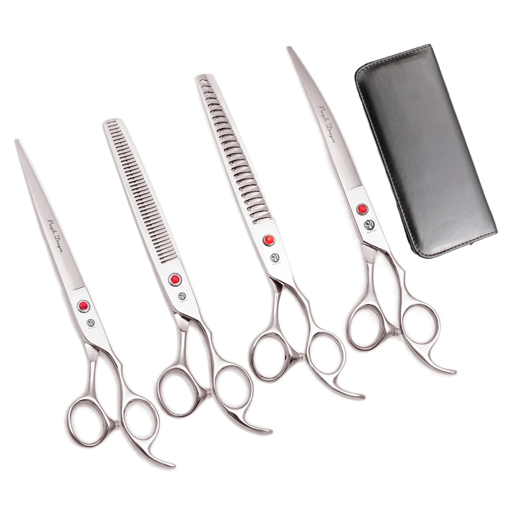 A set of professional stainless steel pet grooming scissors and a leather sheath.