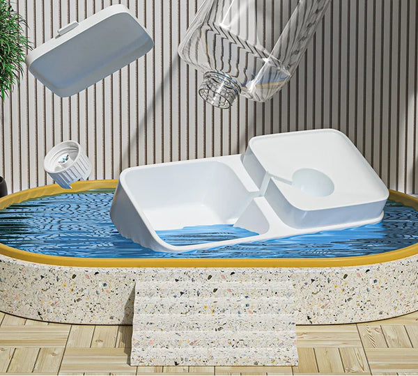 A white gravity-fed pet feeder and water dispenser sitting in a round, textured basin.