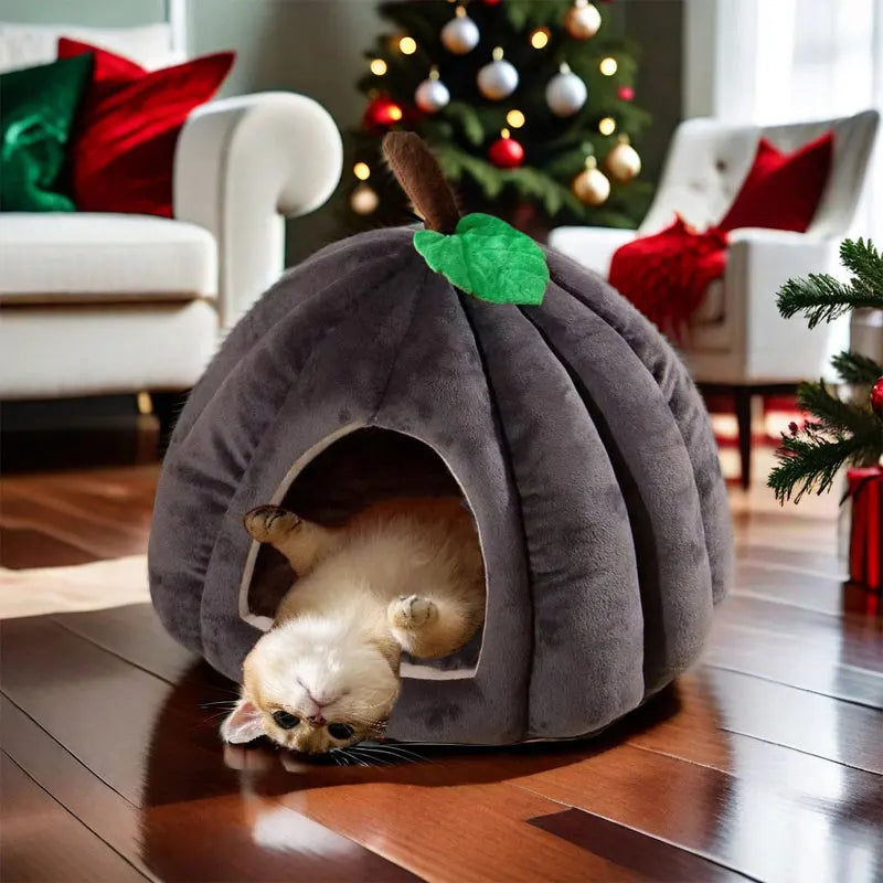 3D Pumpkin Pet House - Semi-Enclosed Bed with Removable Cushion