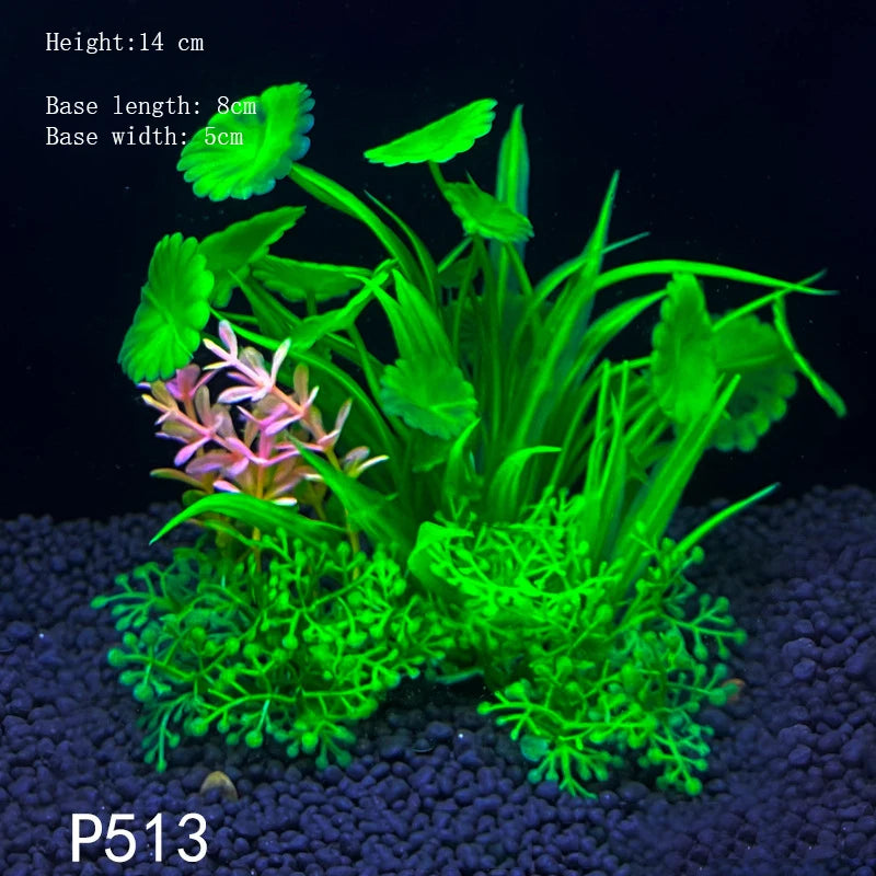 A vibrant green artificial aquatic plant with large leaves and a pink flower growing from the base.