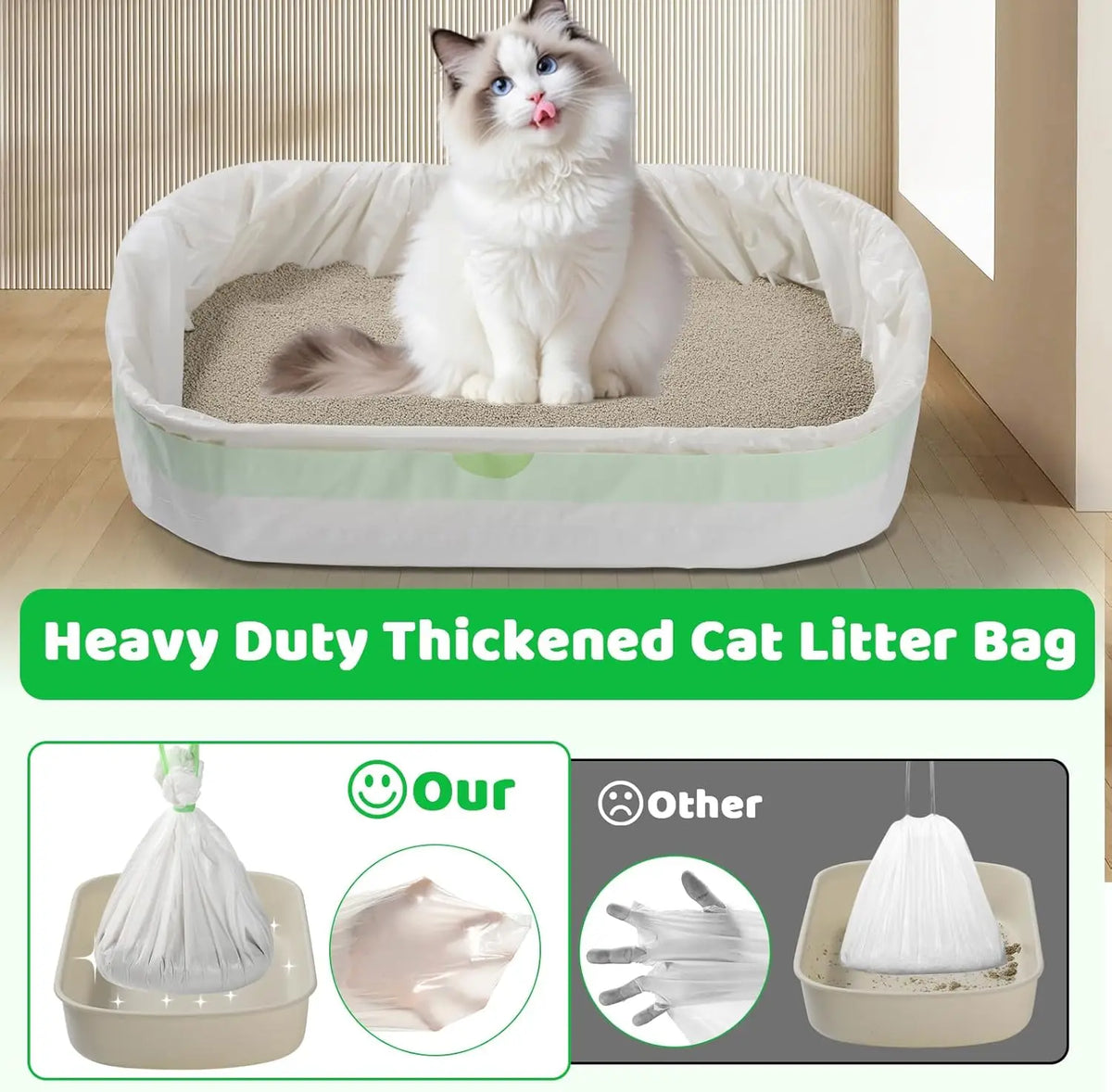 A fluffy cat is sitting inside a light-colored litter box liner, demonstrating the heavy duty cat litter bag product.
