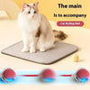 A fluffy white cat sitting on a gray mat next to an interactive cat rolling ball toy.