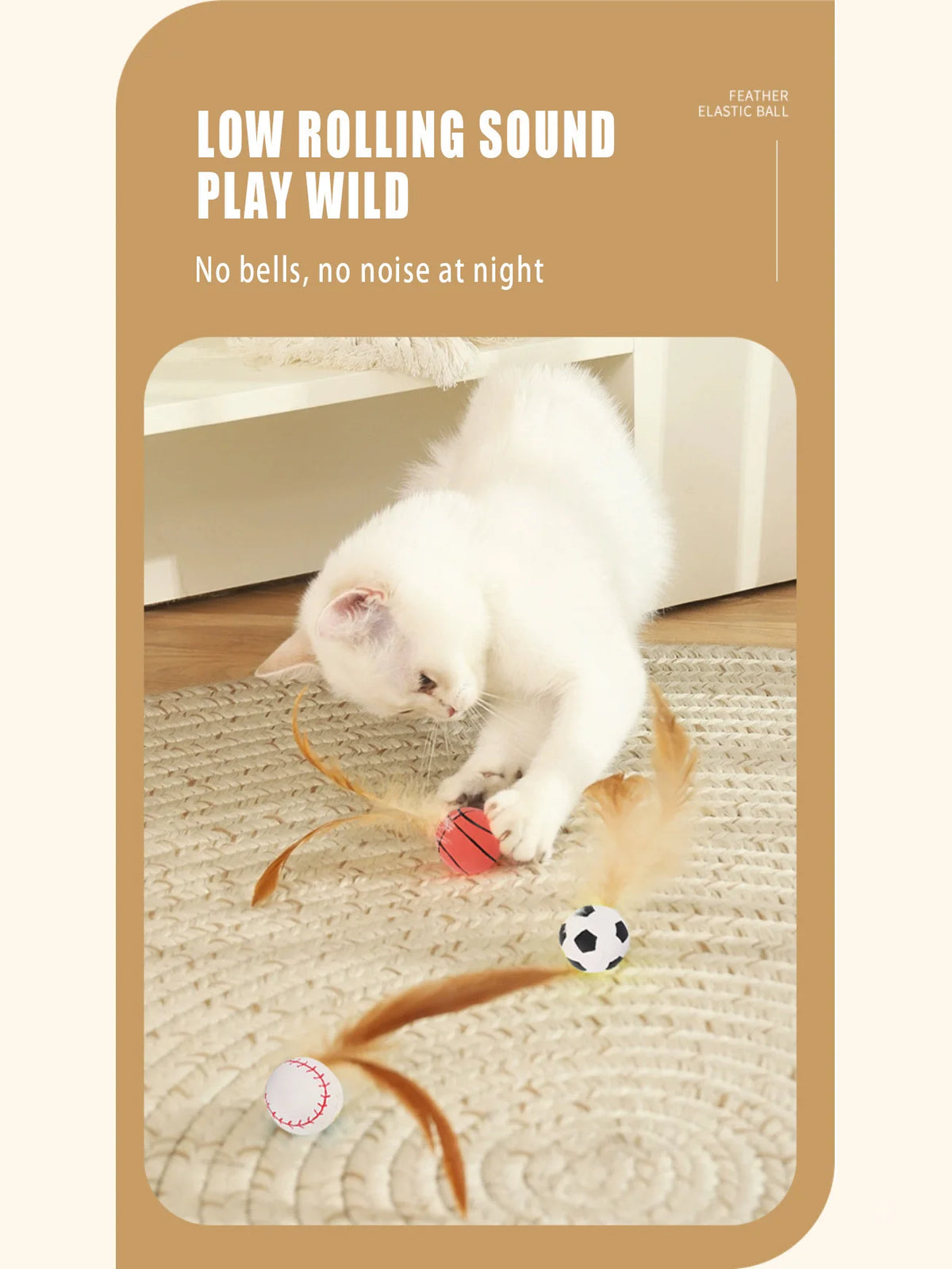 A white kitten plays with a set of three feather elastic balls on a beige rug.