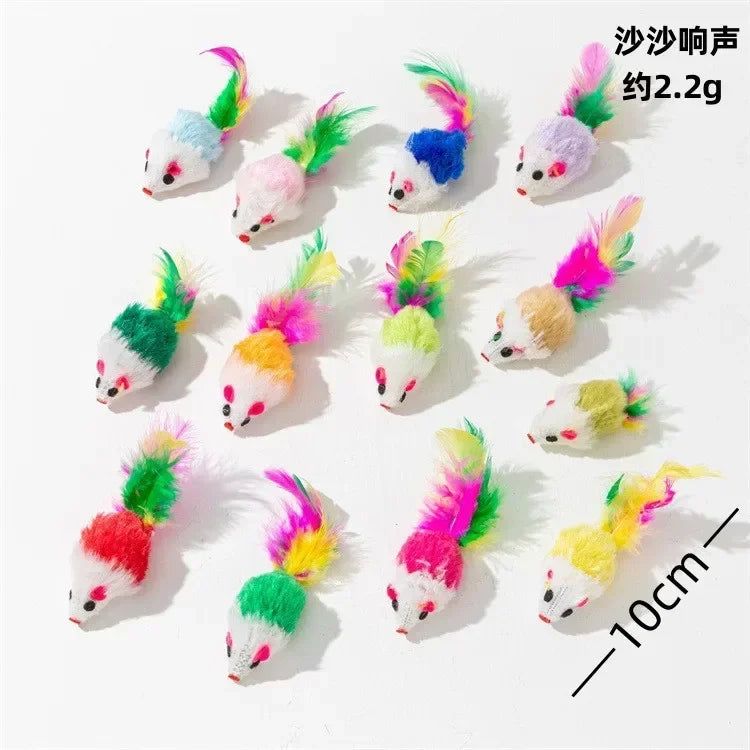 A collection of colorful, fluffy catnip mice toys for cats in various colors and sizes.