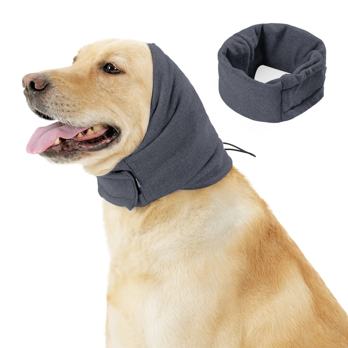 A golden retriever wearing a gray fabric hoodie and ear covers for anxiety relief.