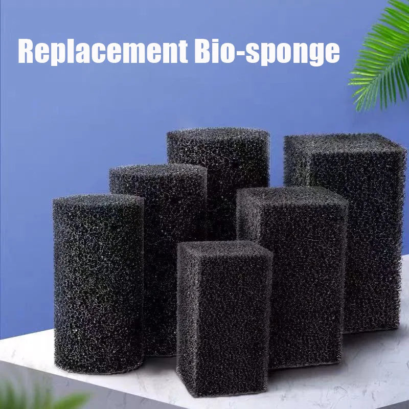 Several black replacement bio-sponges are displayed on a white surface.