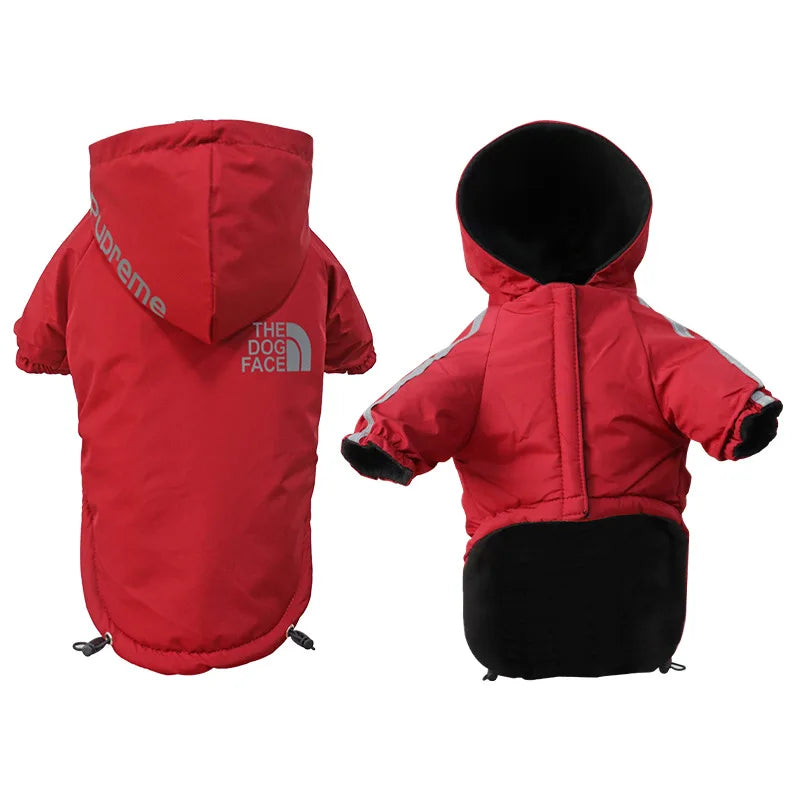 Un manteau pour chien rouge, imperméable et réfléchissant, avec capuche, porté par un modèle noir.