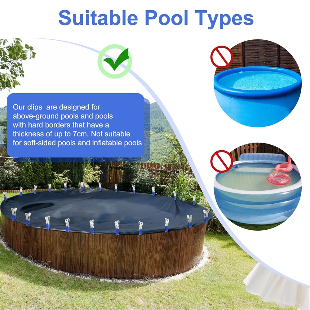 A pool cover clamp is shown being used on a round pool with a wooden border and blue water.