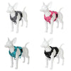 A set of adjustable no-pull dog harnesses in black, pink, and teal colors displayed on a white dog figure.