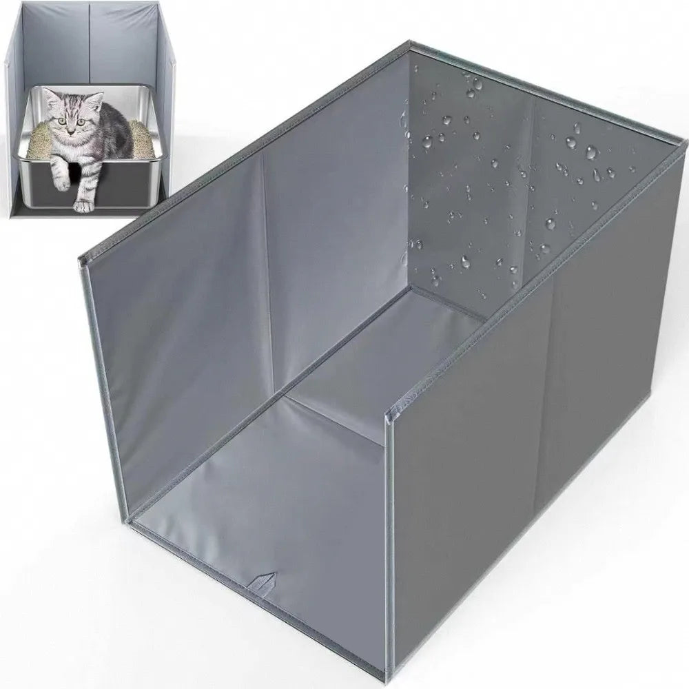 A gray foldable cat litter box enclosure with a splash guard, shown from an angled view.