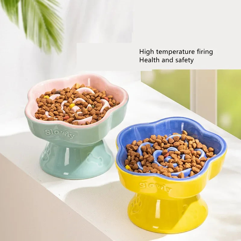 Elevated Ceramic Slow Feeder Bowl for Cats and Small Dogs