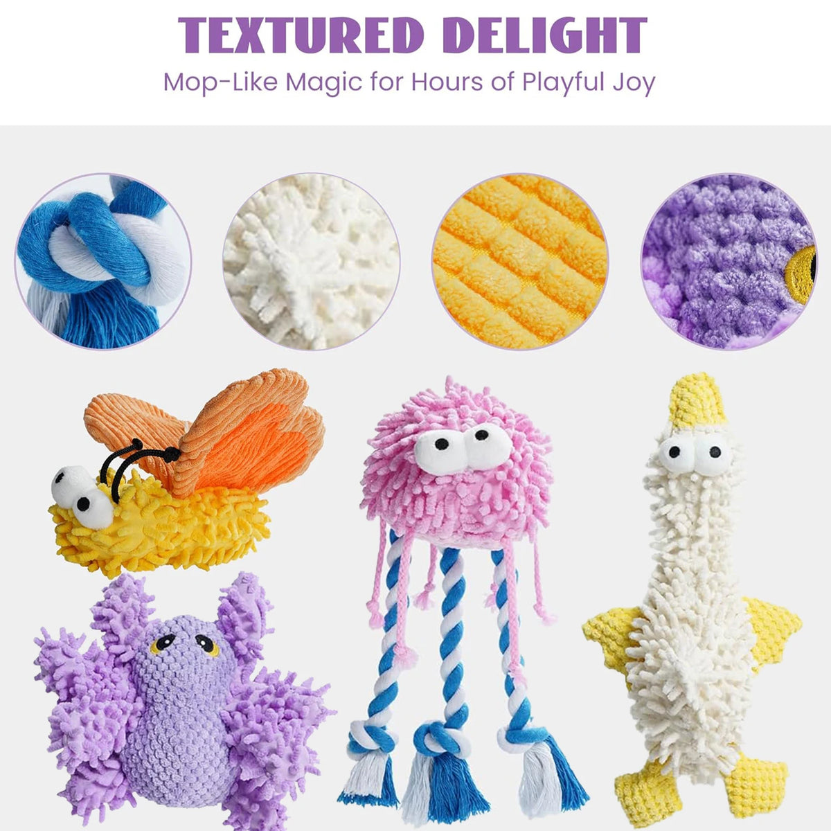 A collection of purple and white plush squeaky dog toys with crinkle texture.