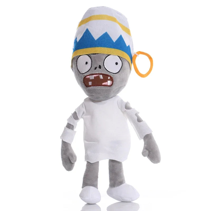 A plush toy of the Plants vs. Zombies Gargantuar with a blue and yellow hat and gray body.