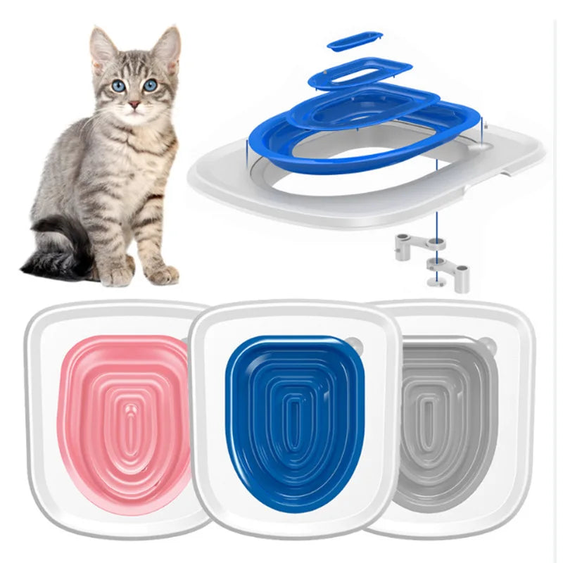 Kit reutilizable para entrenar a gatos, mostrando un gatito gris, un asiento de entrenamiento azul y tres cuencos de plástico