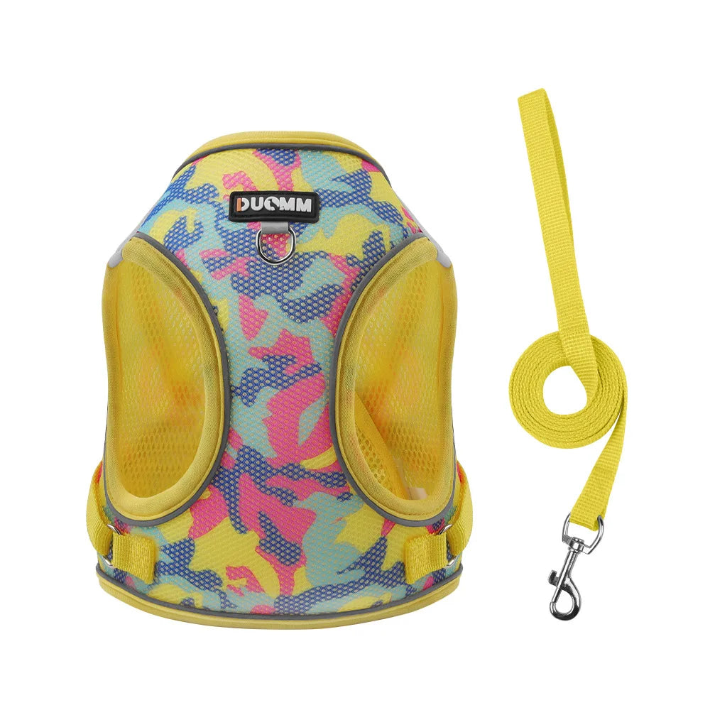 Yellow and pink patterned breathable harness for cats and small dogs with a yellow leash