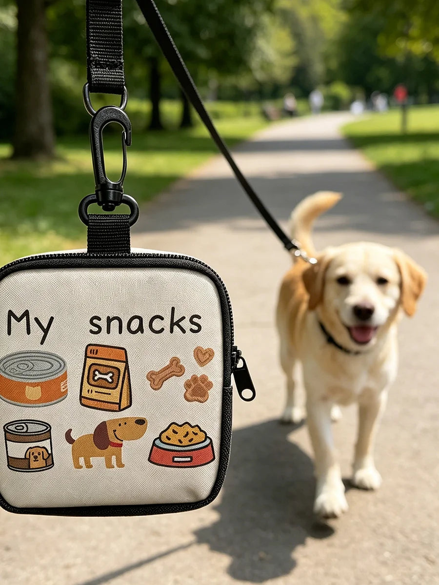 Beige Hundetrainungs-Belohnungsbeutel mit Haken und Reißverschluss, zeigt Illustrationen verschiedener Hundespulpen.