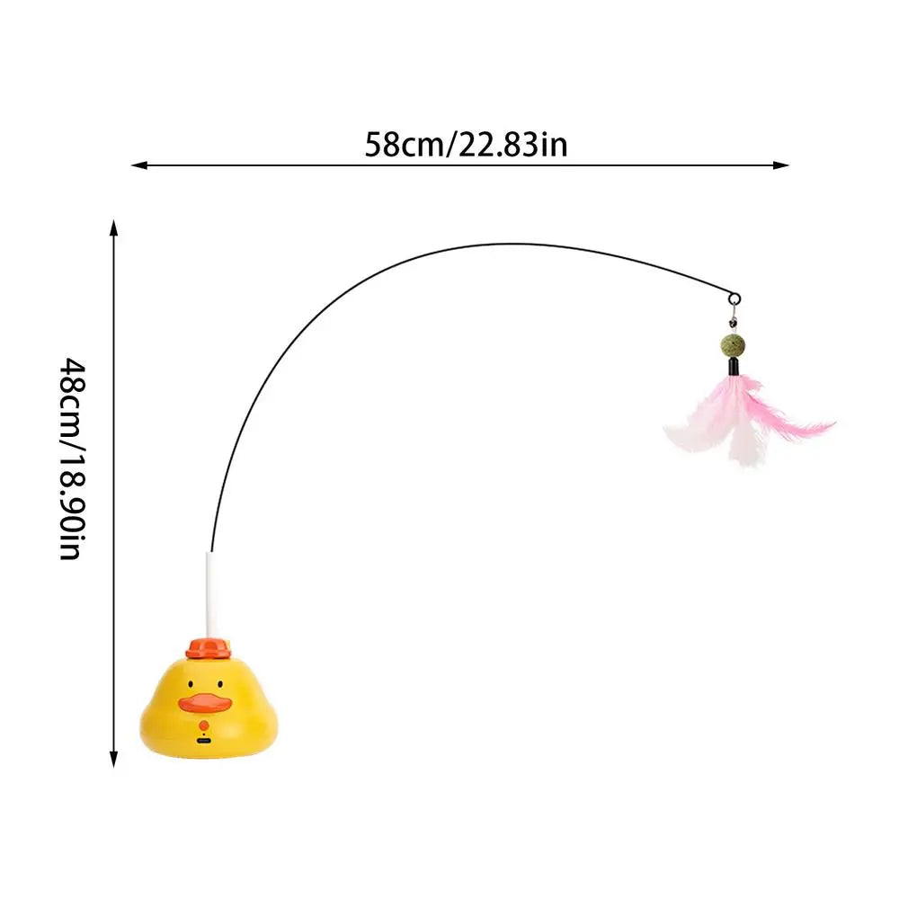 A yellow interactive cat toy with a feather teaser attached to a long string.