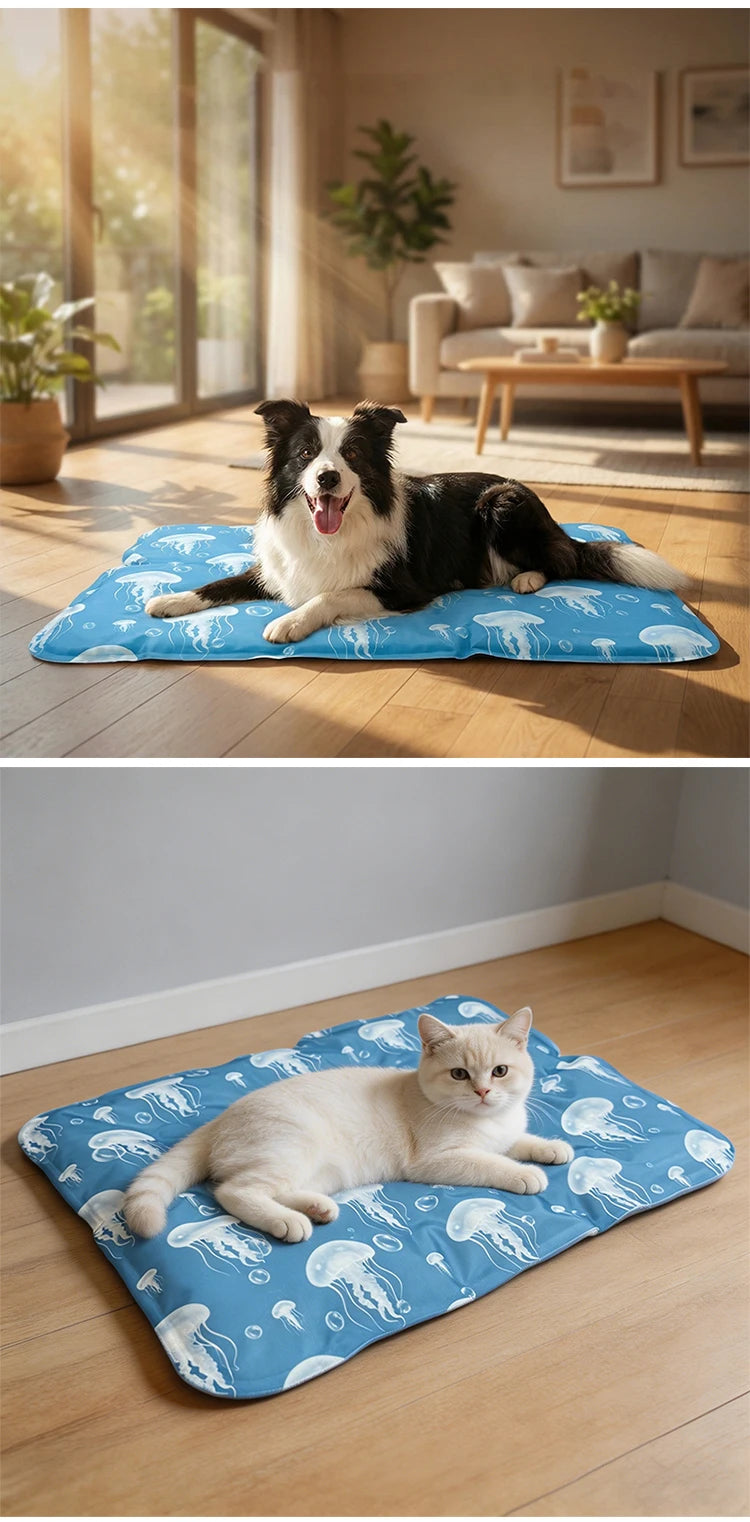 Ein blaues Kühlmat für Haustiere auf einem Holzfußboden, auf dem eine weiße Katze entspannt ist.