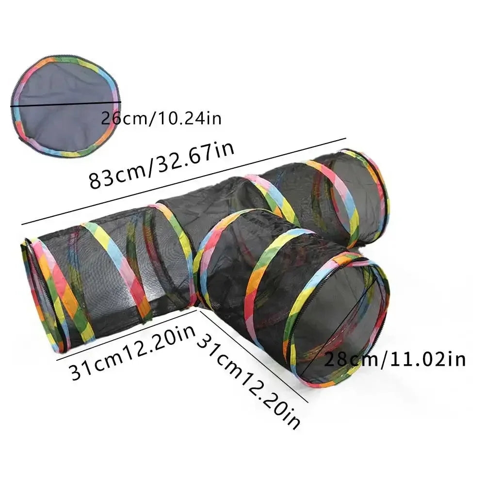 Foldable mesh cat play tunnel with tent and cube showing various sizes and colors.
