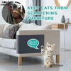 Eine tabby-Katze sitzt auf einer grauen Matte auf einem Sofa, die eine DIY-Kratzmatte zum Schutz von Möbeln darstellt.