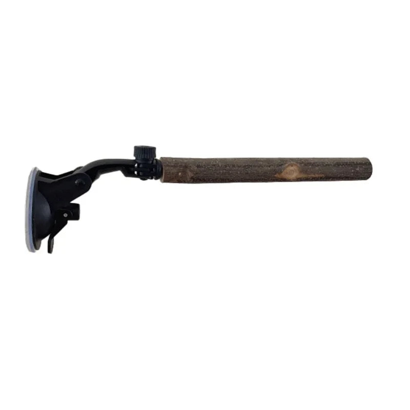 A wooden bird perch with a black suction cup mount.
