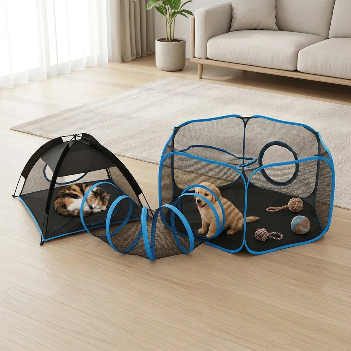 3-in-1 Portable Mesh Pet Playpen with Tunnel