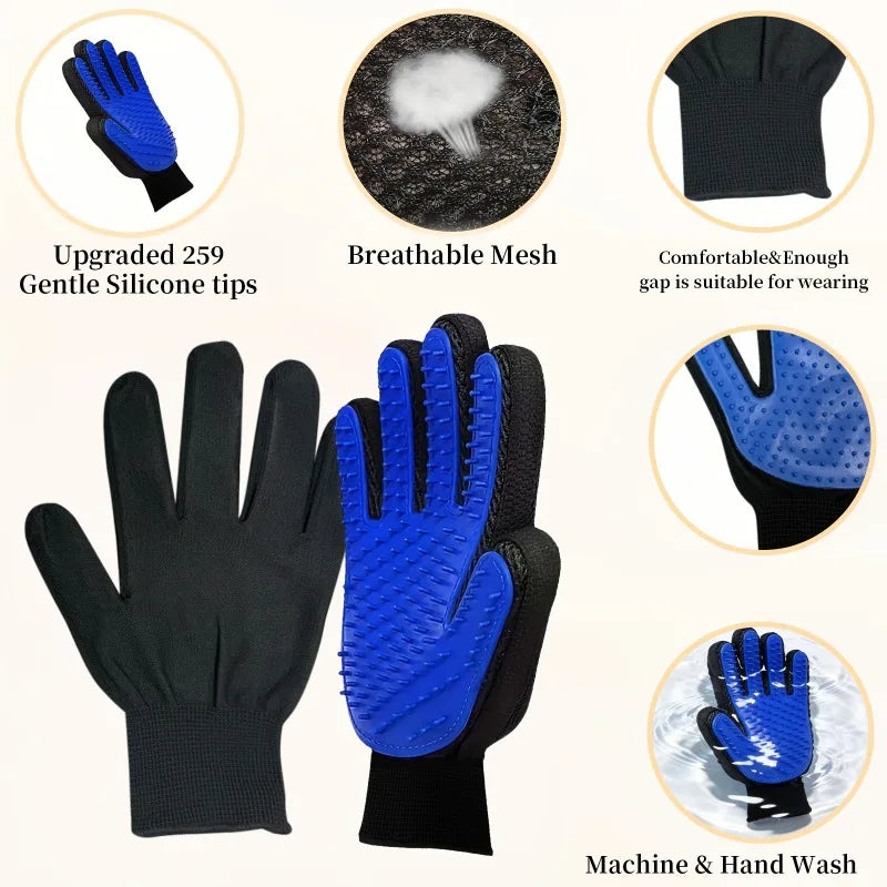 A set of black and blue silicone massage gloves for pets, featuring breathable mesh and suitable for washing.