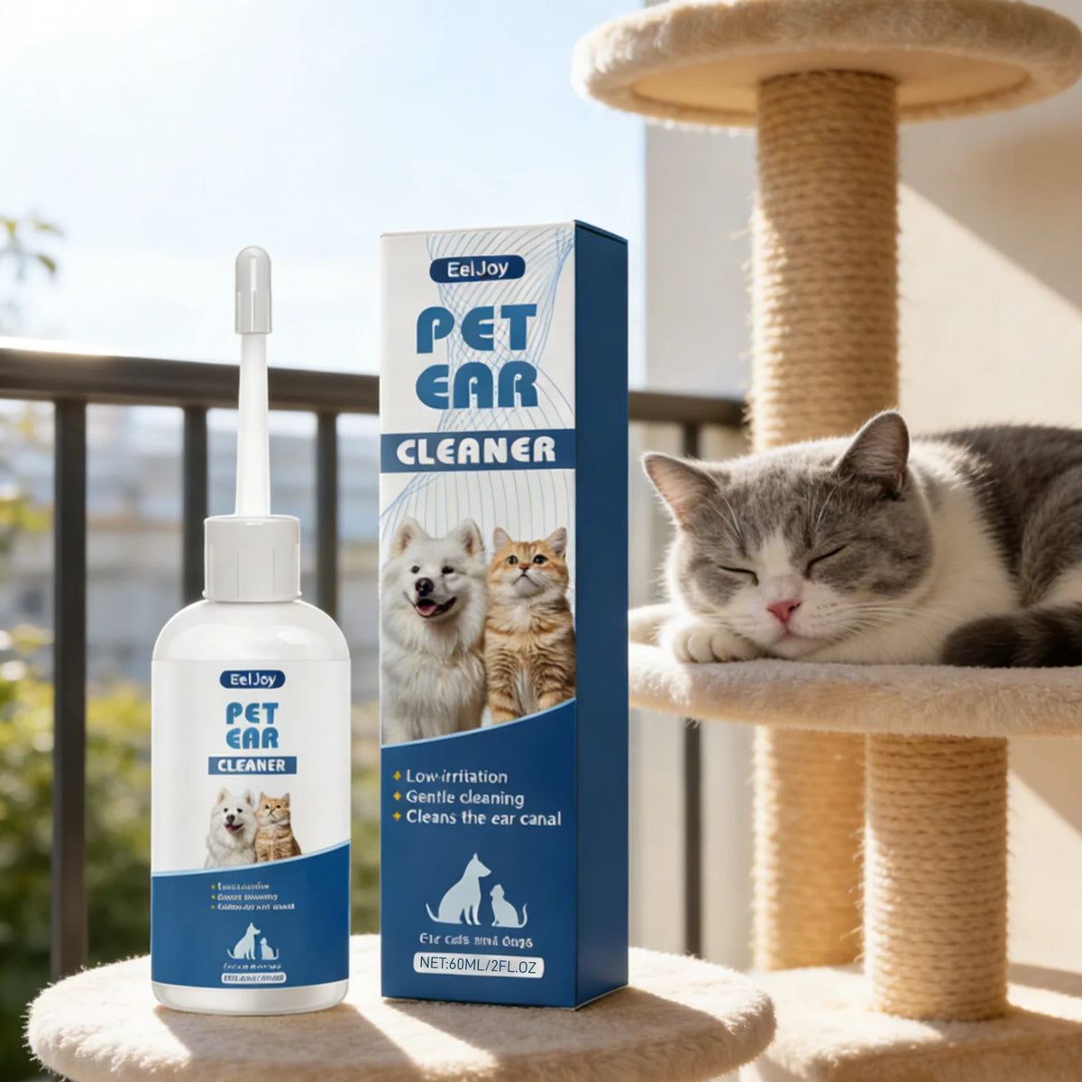 A bottle of Pet Ear Cleaner solution next to a box, with a cat resting on a wooden shelf in the background.
