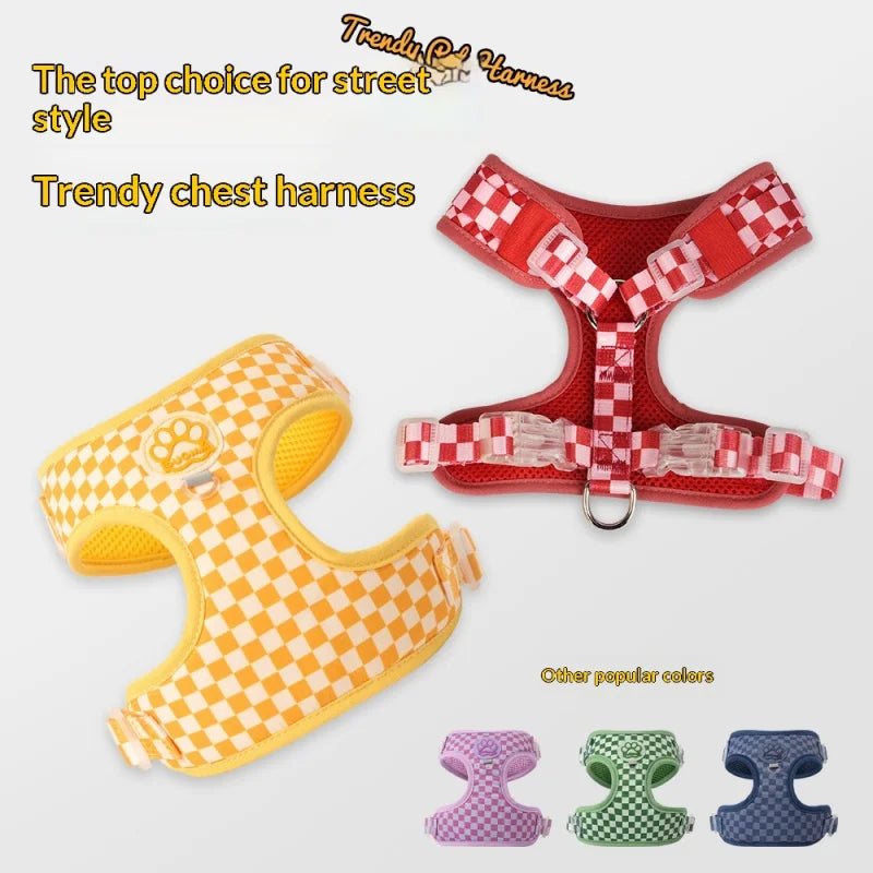 Checkered Nylon Dog Harness for Small Dogs with Leash