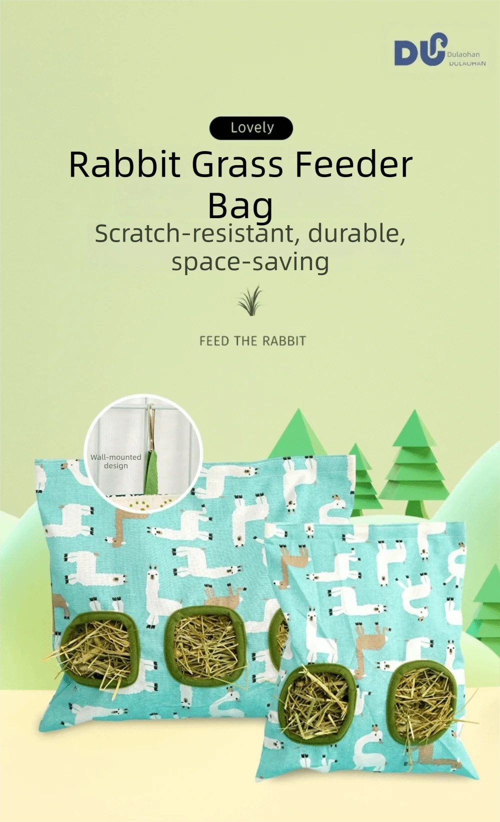 A teal fabric bag filled with hay, featuring a pattern of white rabbits and woodland scenery.