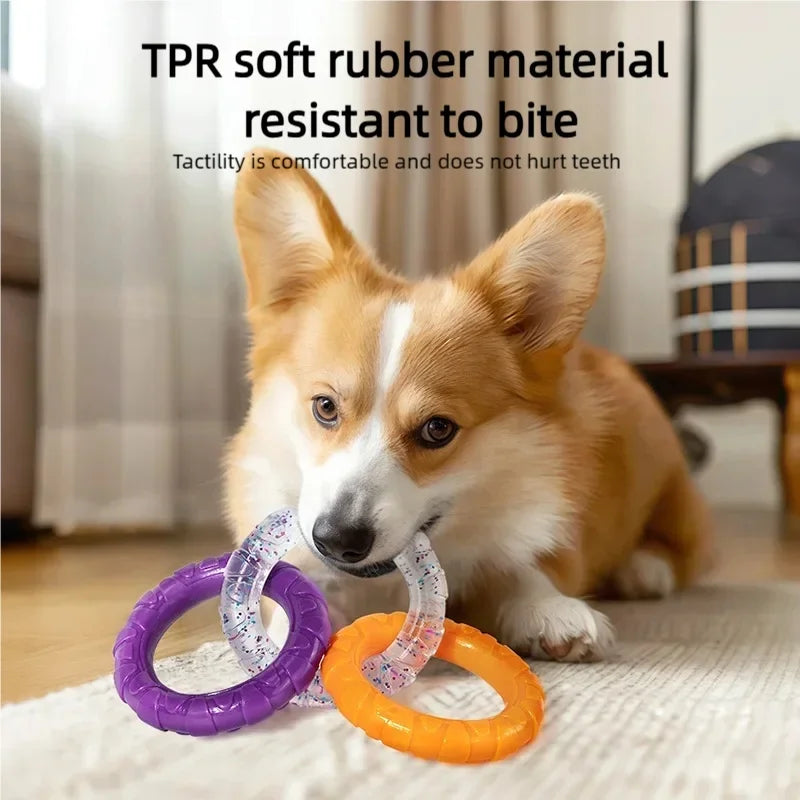 A dog is interacting with purple and orange TPR pull ring chew toys on a white rug.