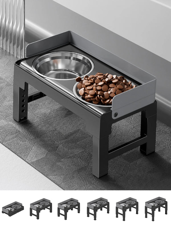 Comedero elevado plegable negro con dos cuencos de acero inoxidable sobre un suelo.