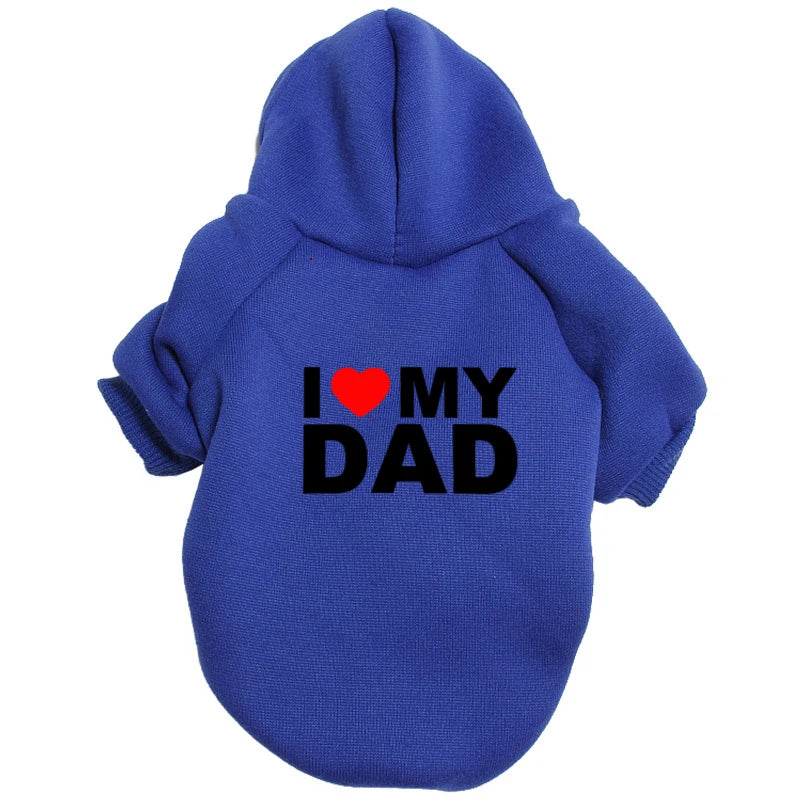 A royal blue plush winter hoodie with the text I love my dad printed on the back.