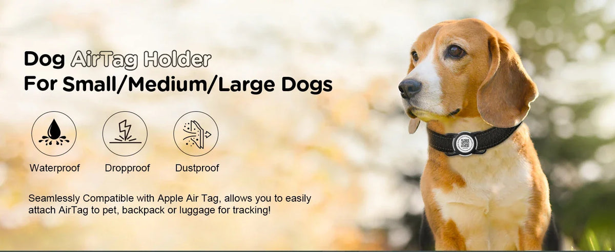 A dog wearing a collar, with a Dog AirTag Holder product description visible nearby.