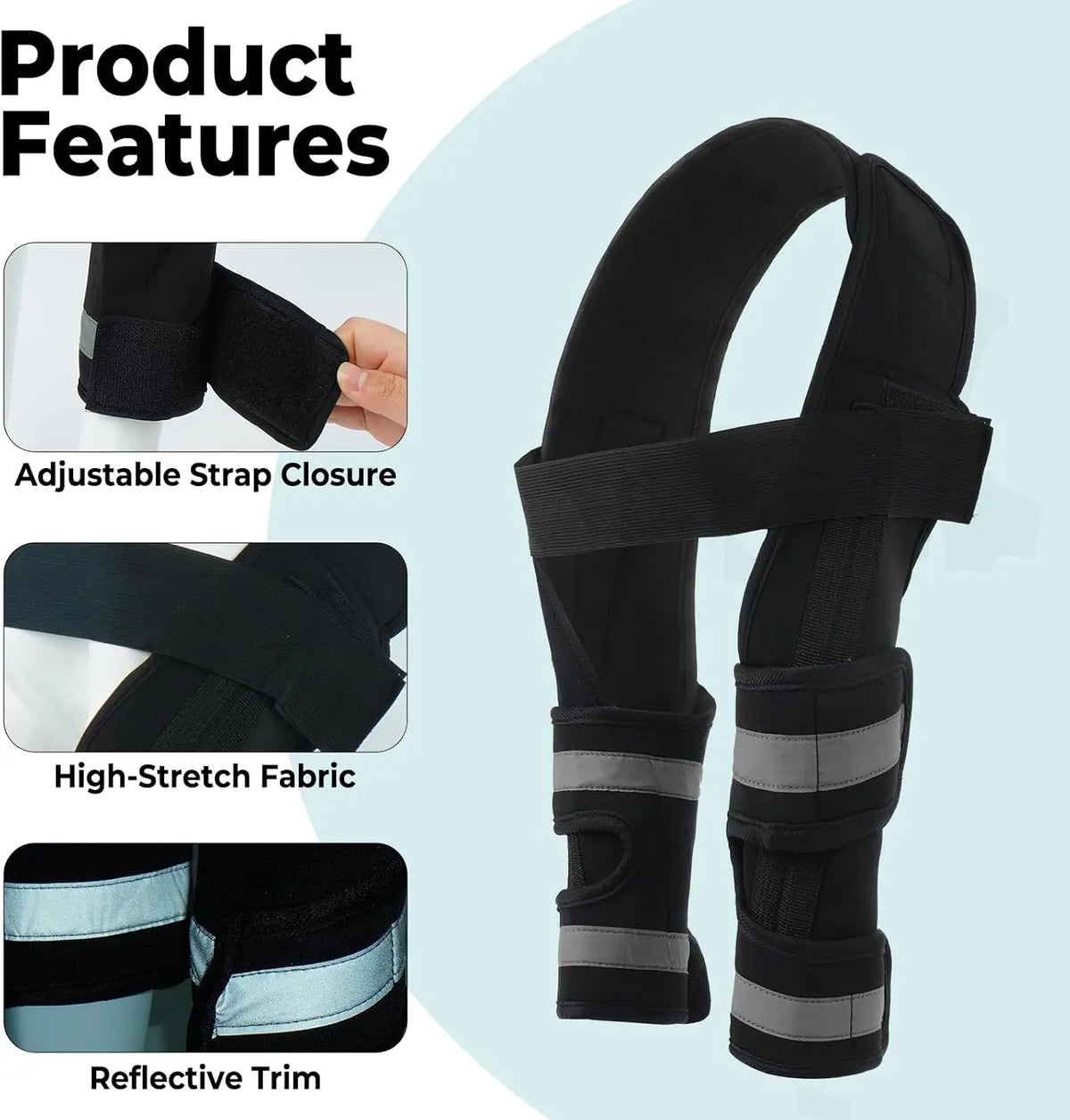 Black adjustable dog front leg brace featuring high-stretch fabric and reflective trim.