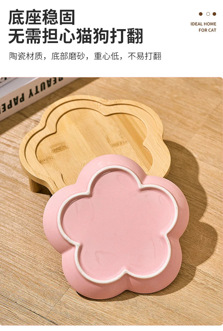 Ceramic Pet Bowl with Wood Stand – Elegant Bow Knot Design