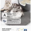 Ein flauschiger tabbykatter liegt auf einer grauen Katzentoilette neben Produktmerkmalen zu Material und Sicherheitsbestimmun