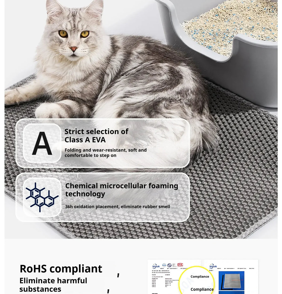 Ein flauschiger tabbykatter liegt auf einer grauen Katzentoilette neben Produktmerkmalen zu Material und Sicherheitsbestimmun