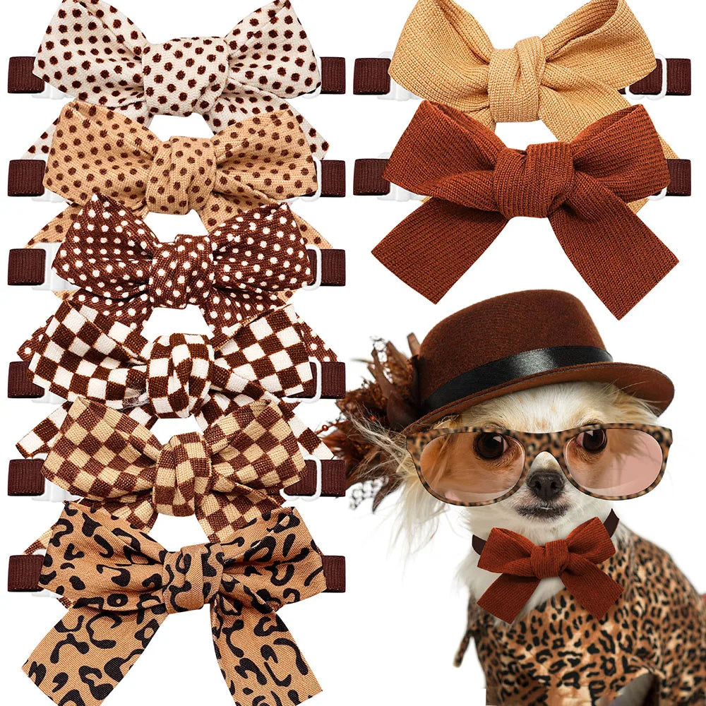 A collection of pet bow ties featuring plaid, polka dots, and solid colors for dogs and cats.