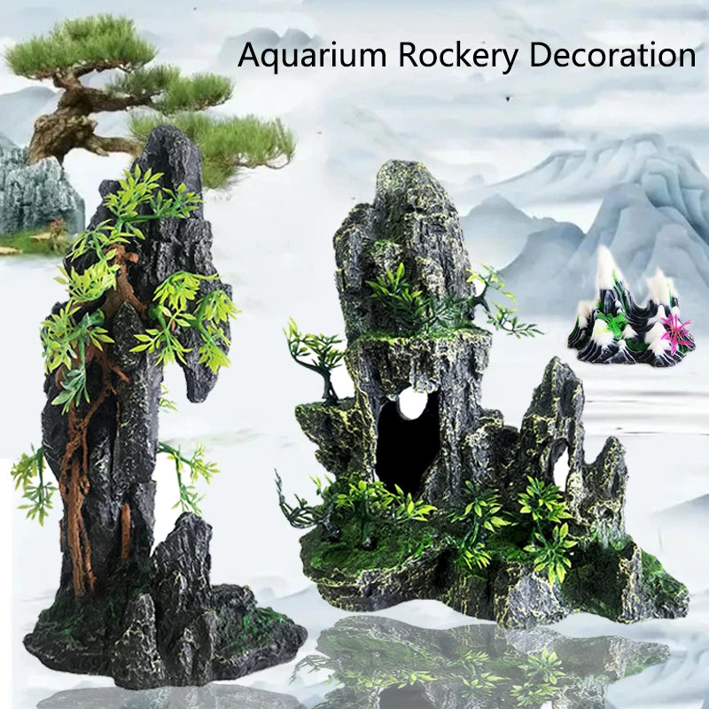 Resin aquarium rockery decoration featuring a mossy tree and cave structure.