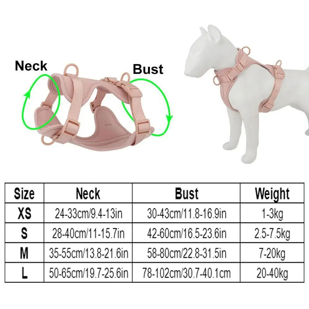 A pink reflective dog harness vest shown with size chart and a white dog wearing the harness.