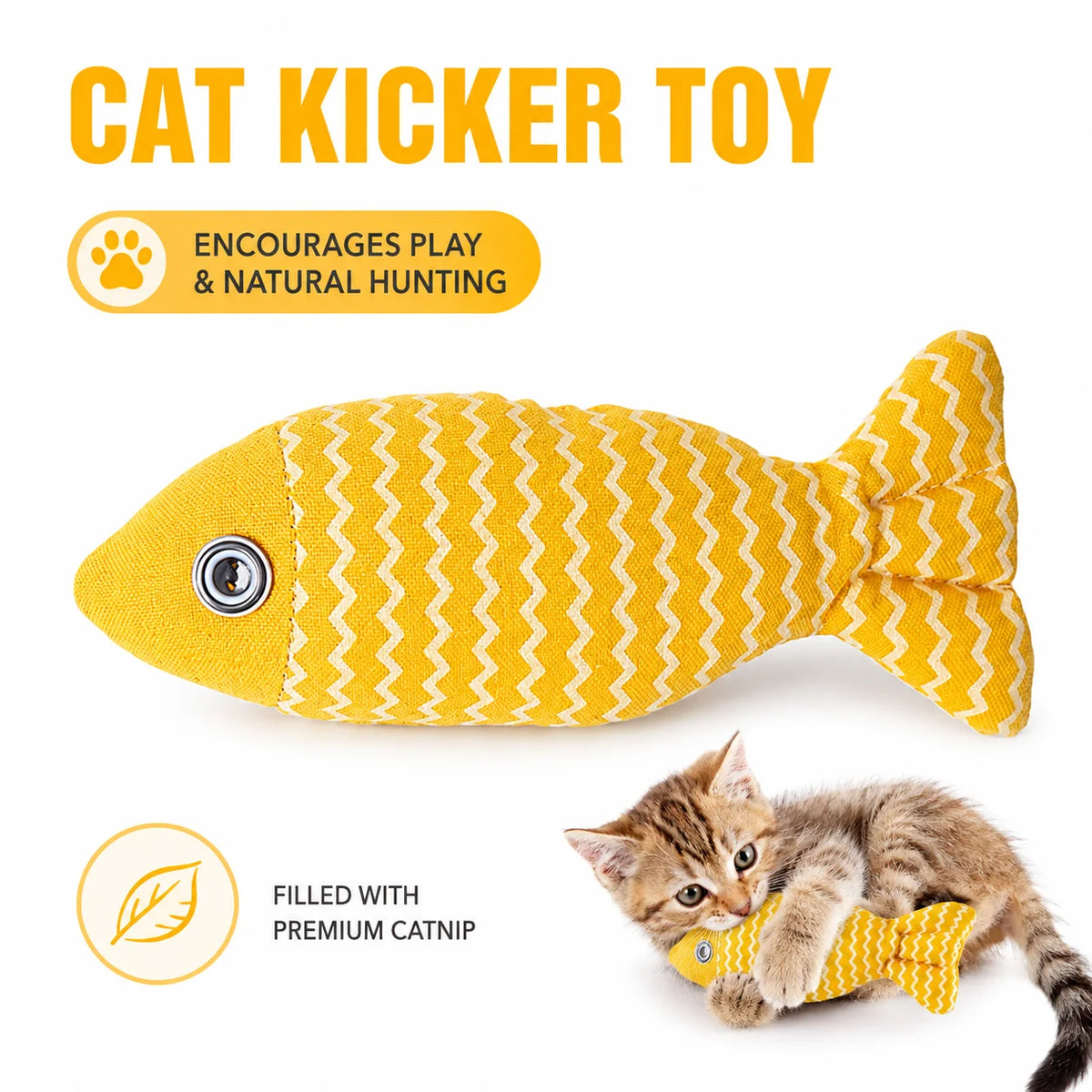 A yellow cat kicker toy shaped like a fish, filled with premium catnip, being played with by a kitten.