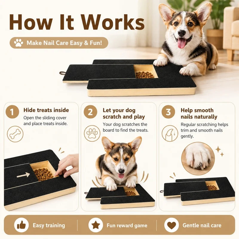 Wooden Dog Nail Scratch Board with Treat Box and Sandpaper Pad