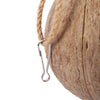 A natural coconut shell bird nest tied with jute twine and a metal hook.