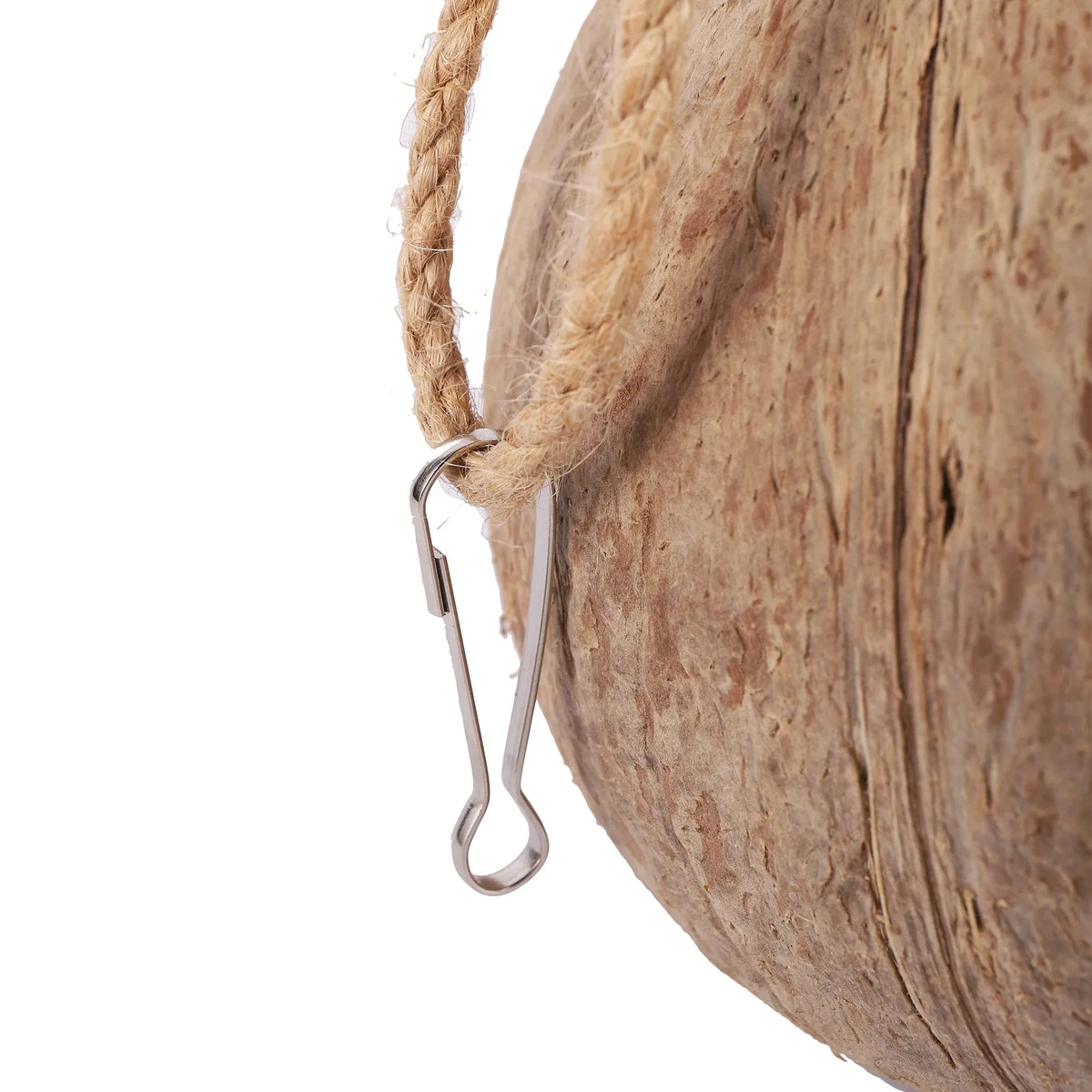 A natural coconut shell bird nest tied with jute twine and a metal hook.
