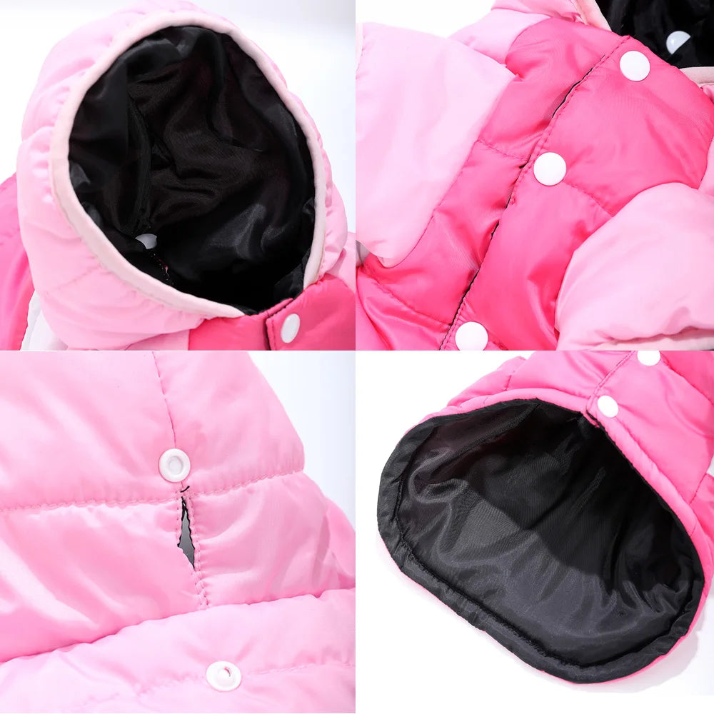 Pink quilted fleece hoodie dog jacket with a black lining and D-ring detail