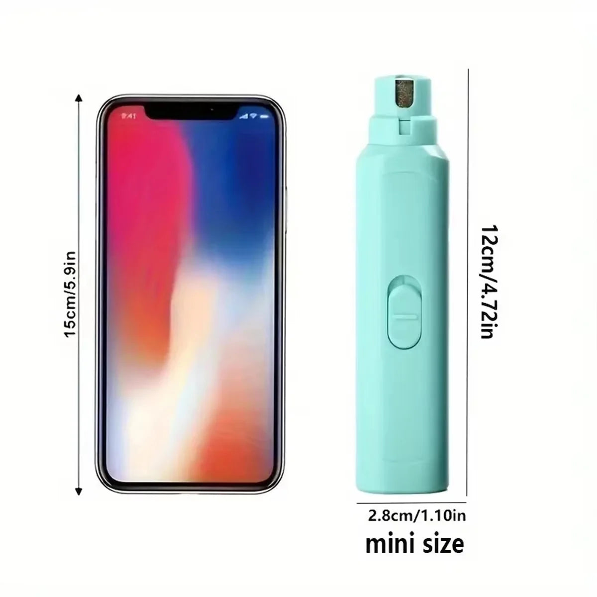 A light blue electric pet nail grinder with a clear bottle, shown next to a smartphone for scale.